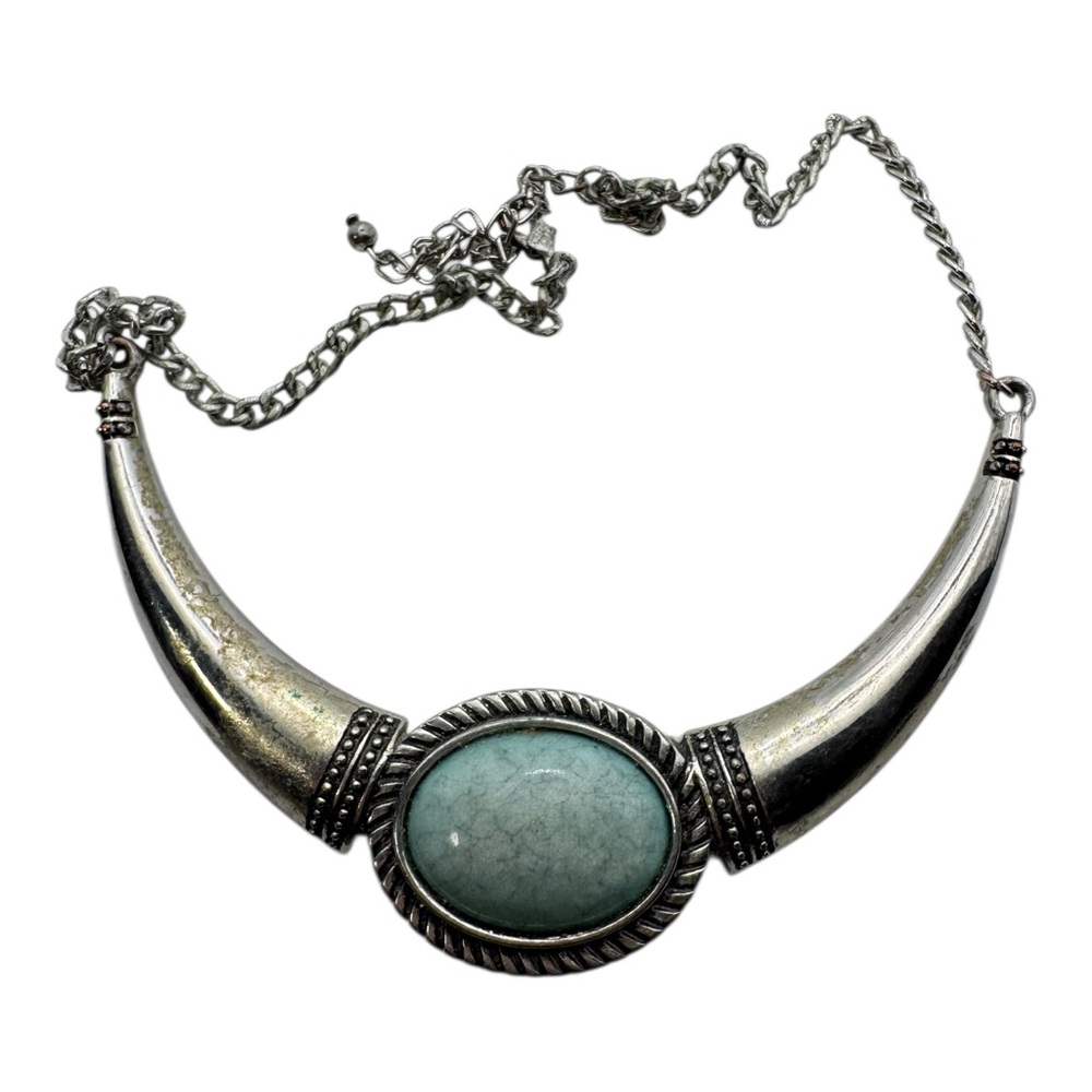 Vintage‎ Silver-Tone Crescent Collar Necklace w/ Blue Crackle Cabochon